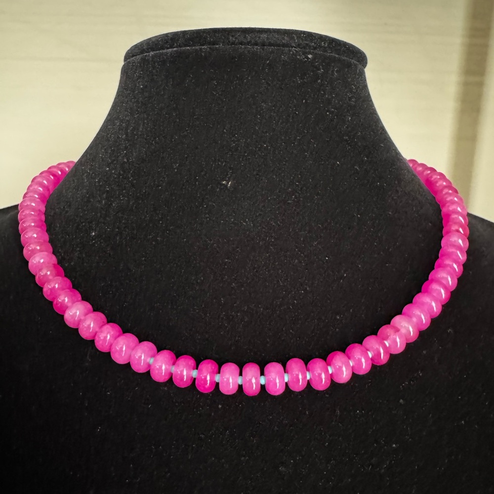 Beaded Gemstone Candy Necklace, Handmade Rose Jade Rondelle Necklace 18” New